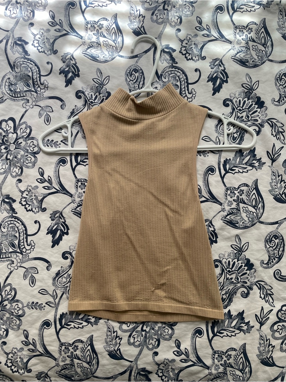Zara Sleeveless Mock Neck Ribbed Tank Top — Tan